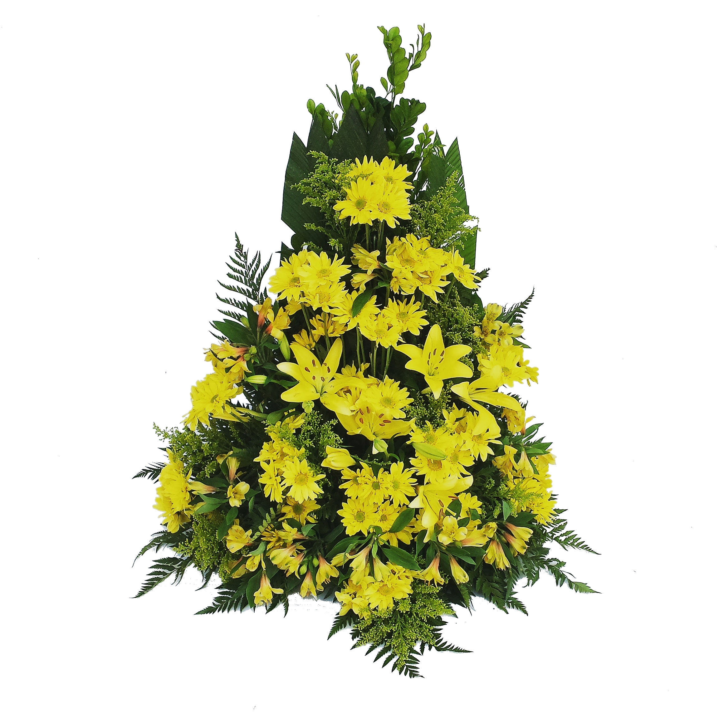 Arranjo de Frente com Lírios e Margaridas Amarelas Cod. D-015 |  Floricultura Cheiro Verde • Palhoça / SC • Compre online!